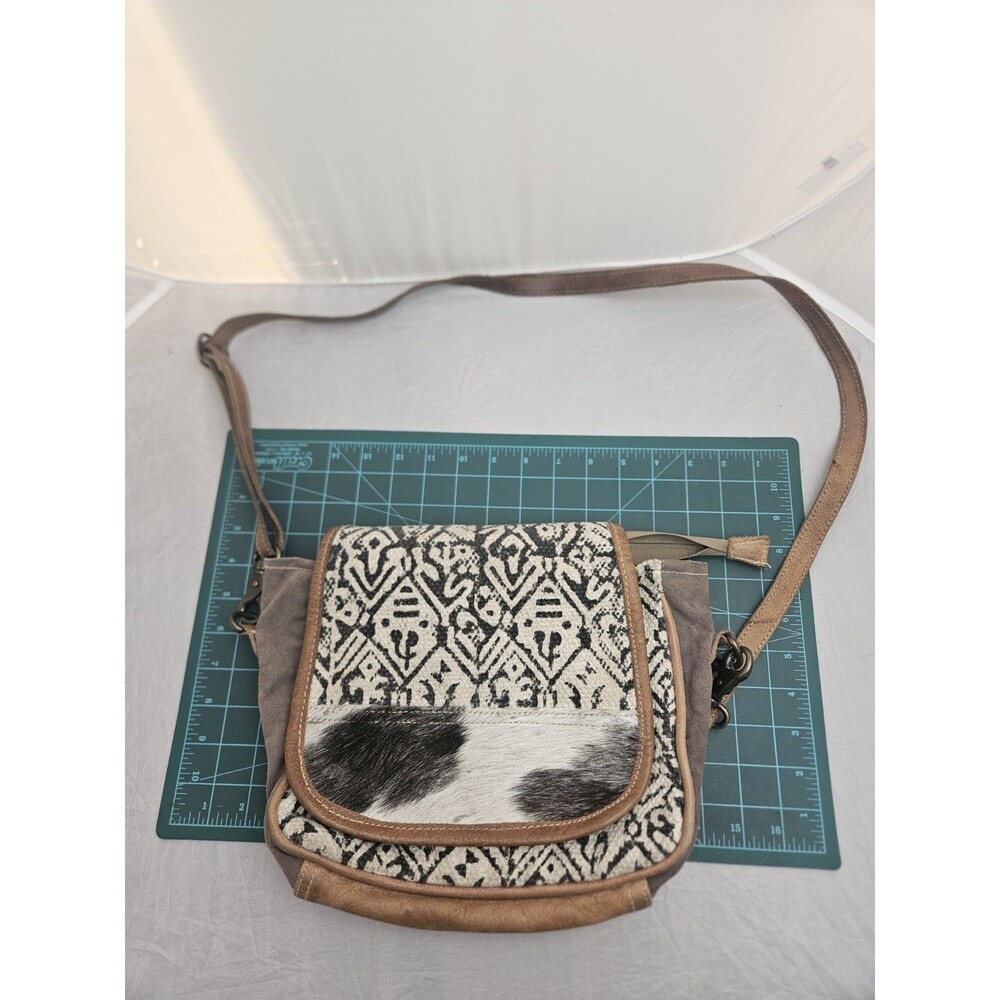 Myra Crossbody Bag Upcycled Canvas Cowhide Leather Purse